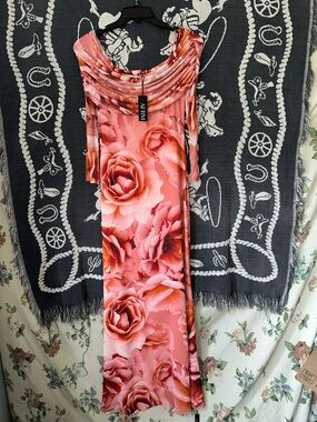 AFRM Coral Pink Rose-Print Draped Neck Maxi Dress